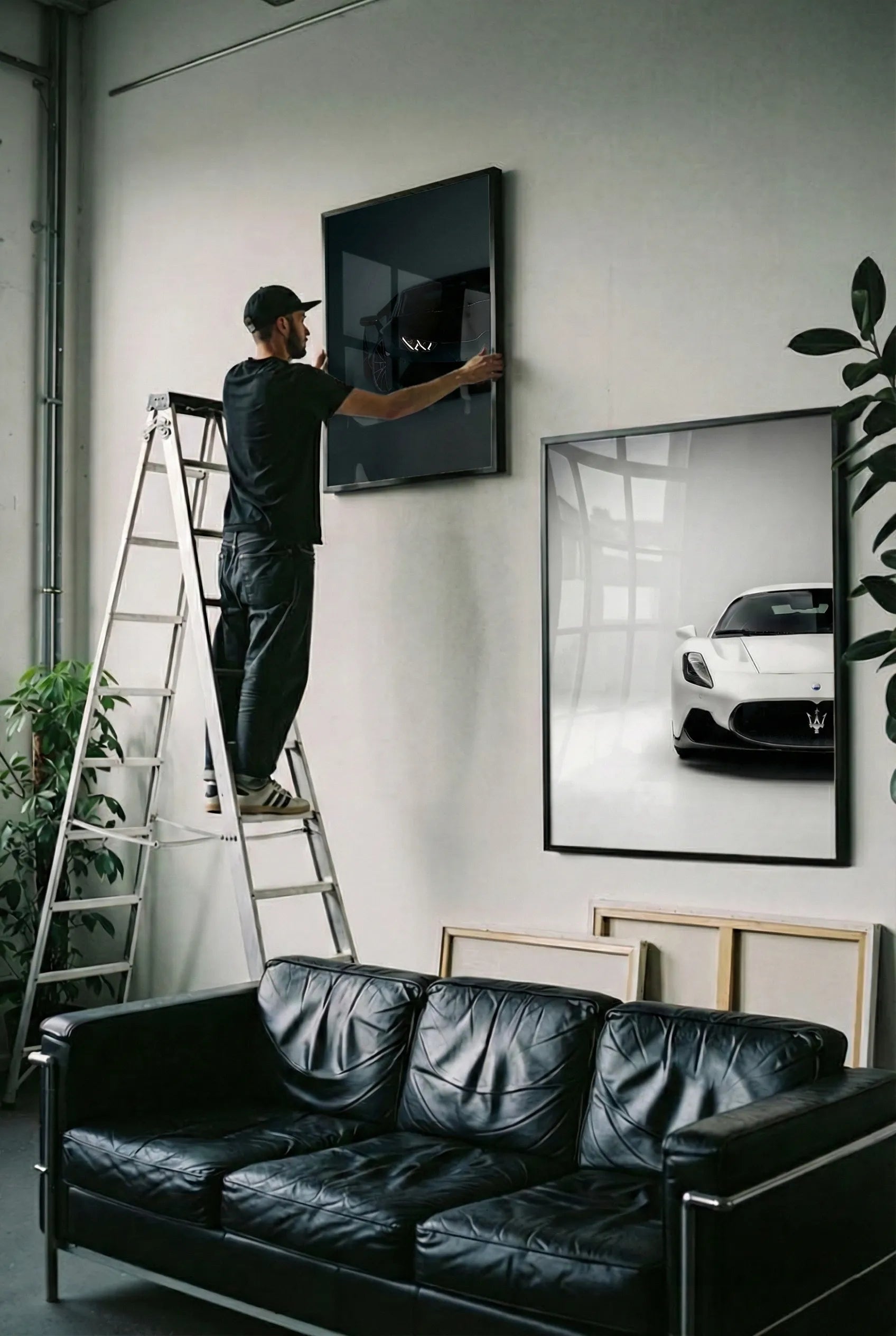 Frames showcasing supercars being displayed in a room.