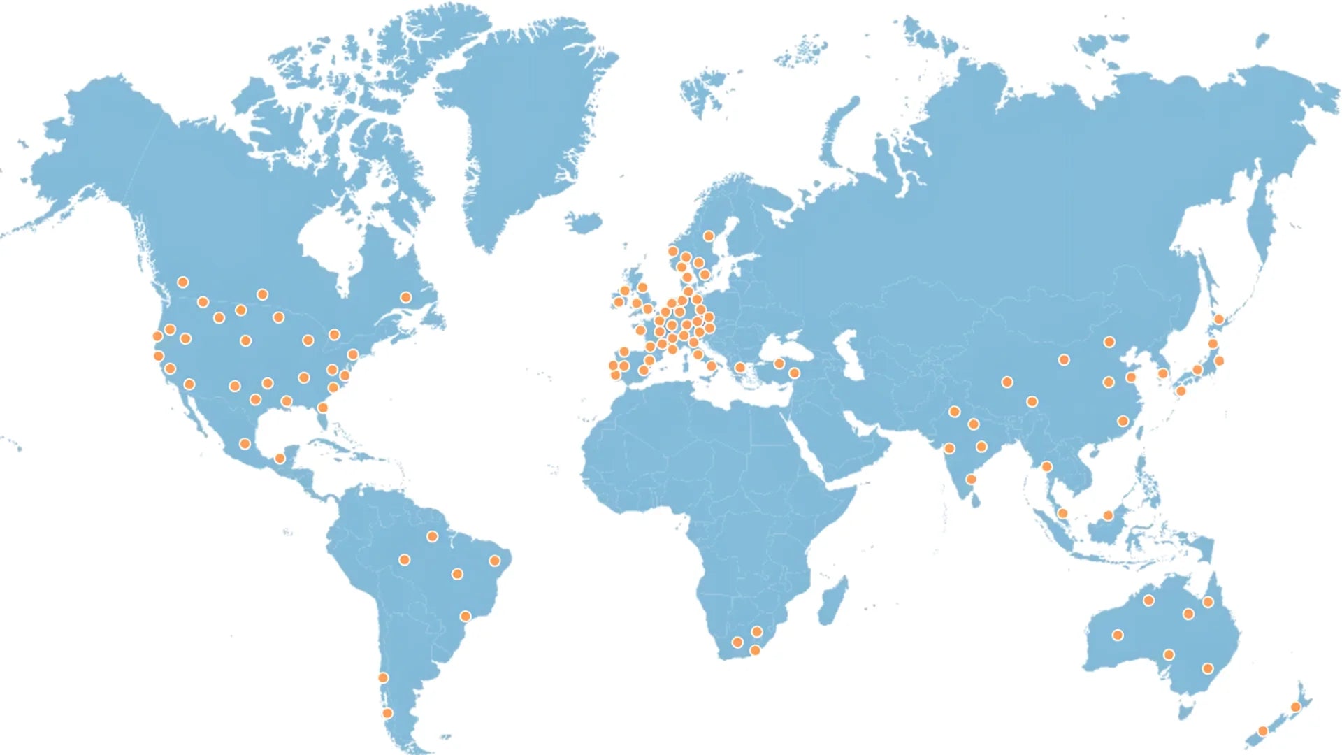 World map with orange markers indicating locations