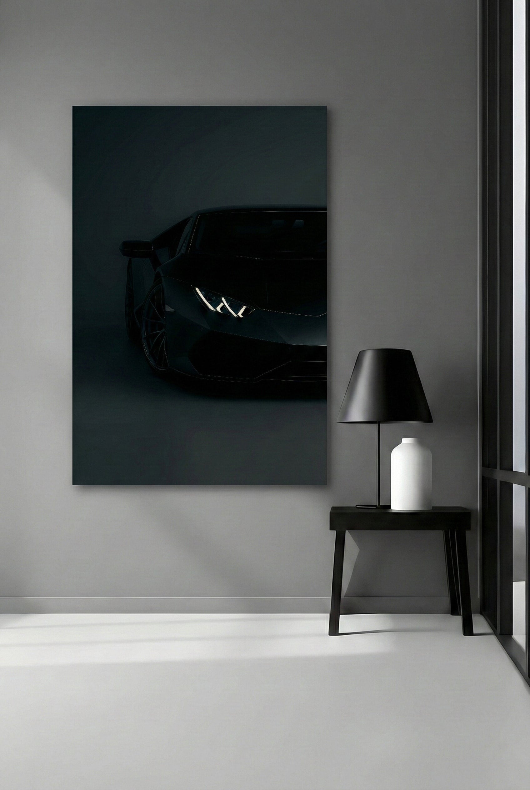 black supercar metal print in modern interior for man cave decor